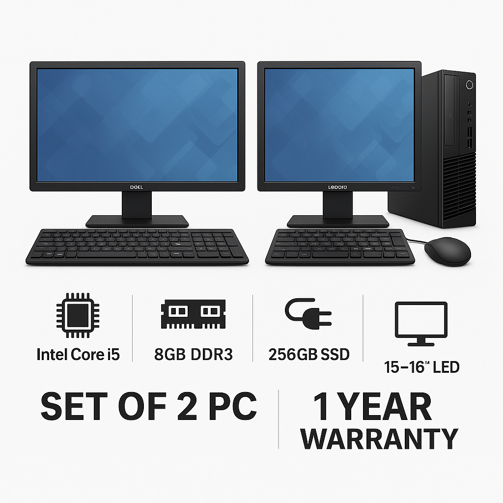 Refurbished Branded Desktop Combo – Set of 2 PCs (i5 | 8GB DDR3 | 256GB SSD | 15-16" LED | 1 Yr Warranty)