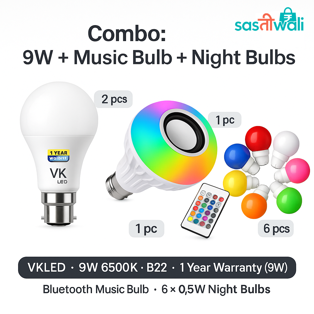 VK LED Combo Pack – 2× 9W LED Bulbs (1 Yr Warranty) + 1× Bluetooth Music Bulb + 6× Night Bulbs