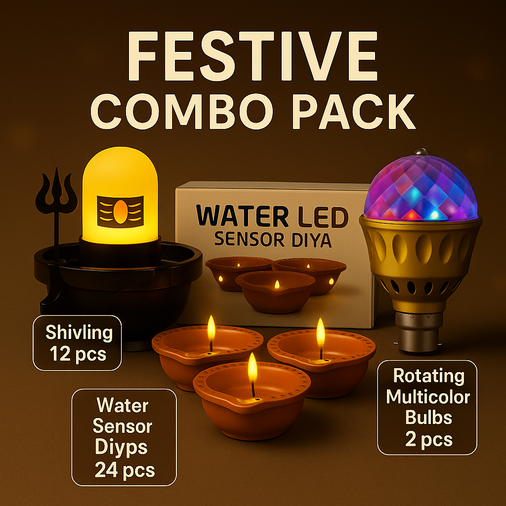 Festive LED Combo Pack – 12 Water Sensor Shivling Lamps + 24 Water Sensor Diya + 2 Rotating Multicolor Bulbs