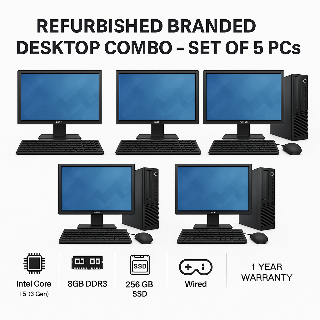 Refurbished Intel Core i5 Desktop PC – Set of 2 | 8GB DDR3 | 256GB SSD | 15–16" LED | 1 Year Warranty