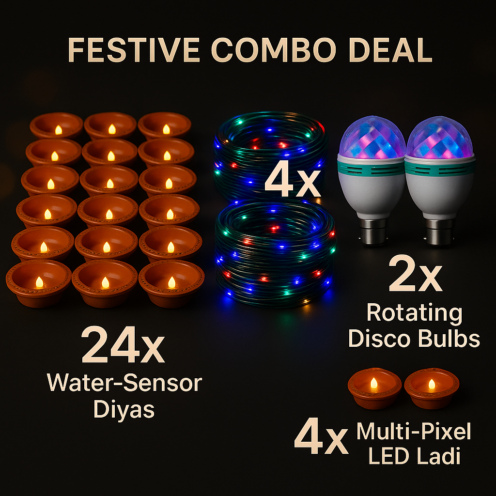 Festive Combo Deal – 24× LED Smokeless Water-Sensor Diyas + 4× Multi-Pixel LED Ladi (20 m each) + 2× Rotating Disco Bulbs