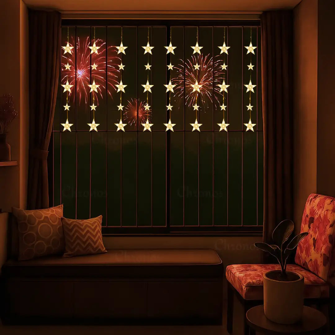 Star Curtain Fairy Lights – Warm White Decorative LED String Lights for Home, Diwali & Christmas Decor