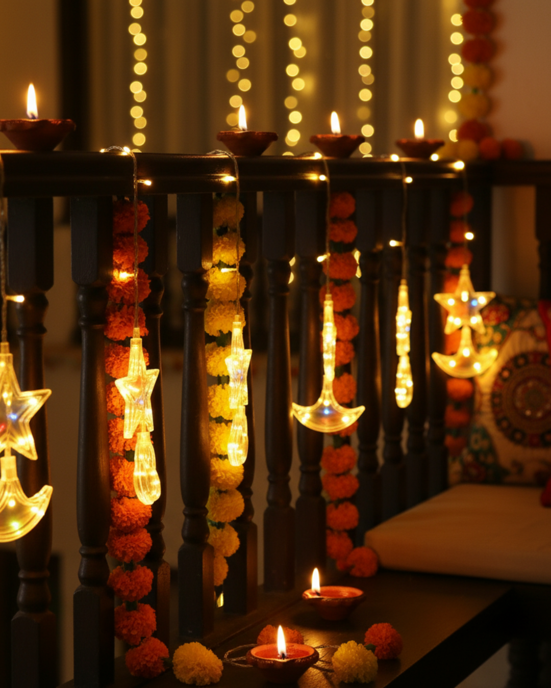 Festive Star & Diya Curtain Lights