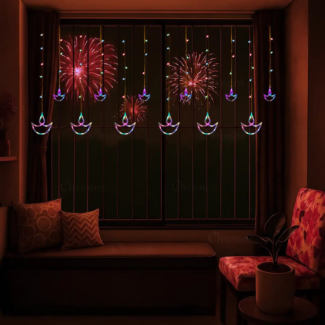 Diya Curtain LED Lights – Multicolor Hanging Decorative Lights for Diwali, Home & Festival Decor