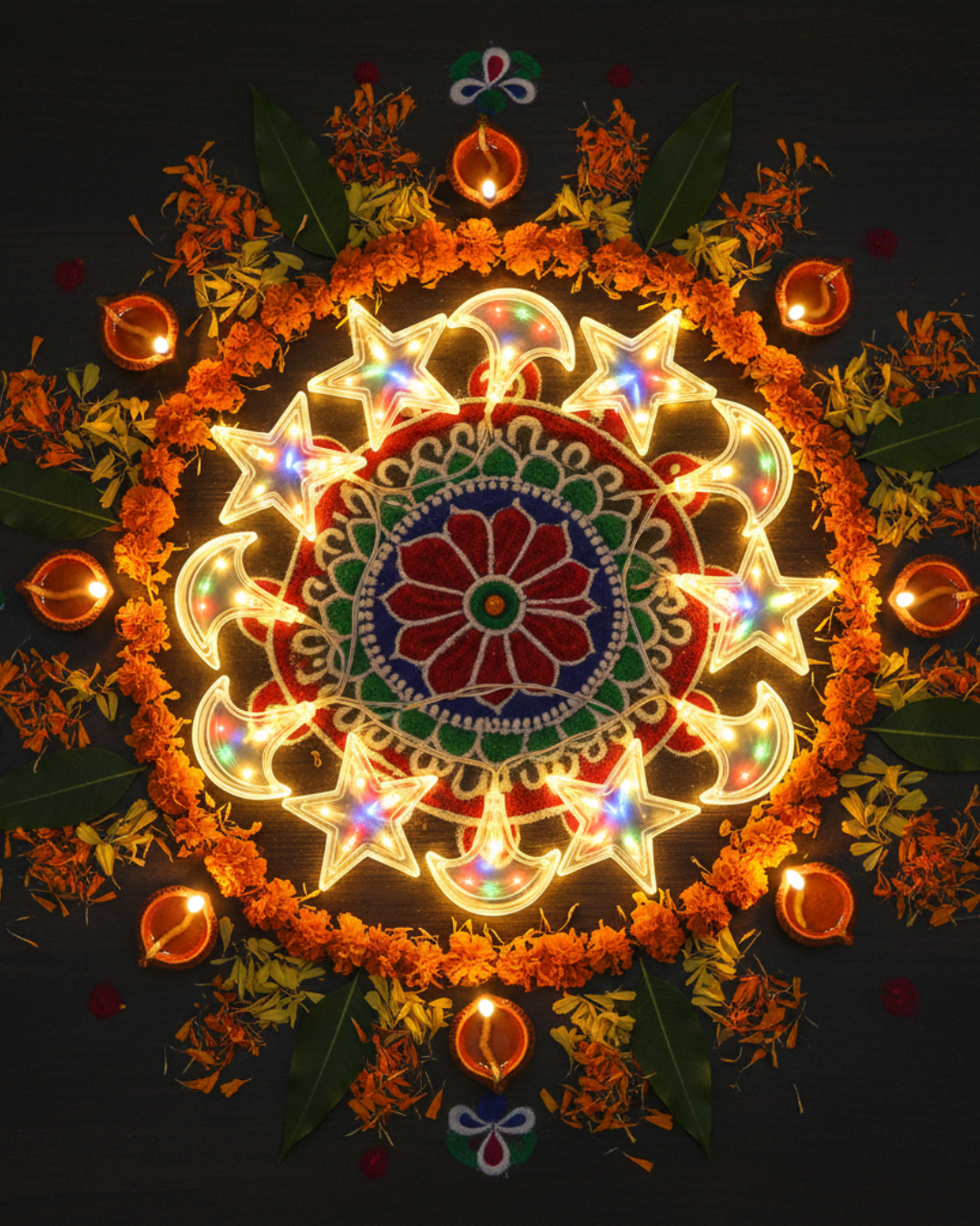 Festive Star & Diya Curtain Lights