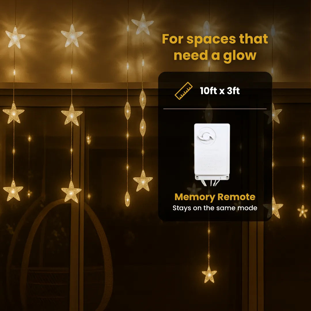 Star Curtain Fairy Lights – Warm White Decorative LED String Lights for Home, Diwali & Christmas Decor