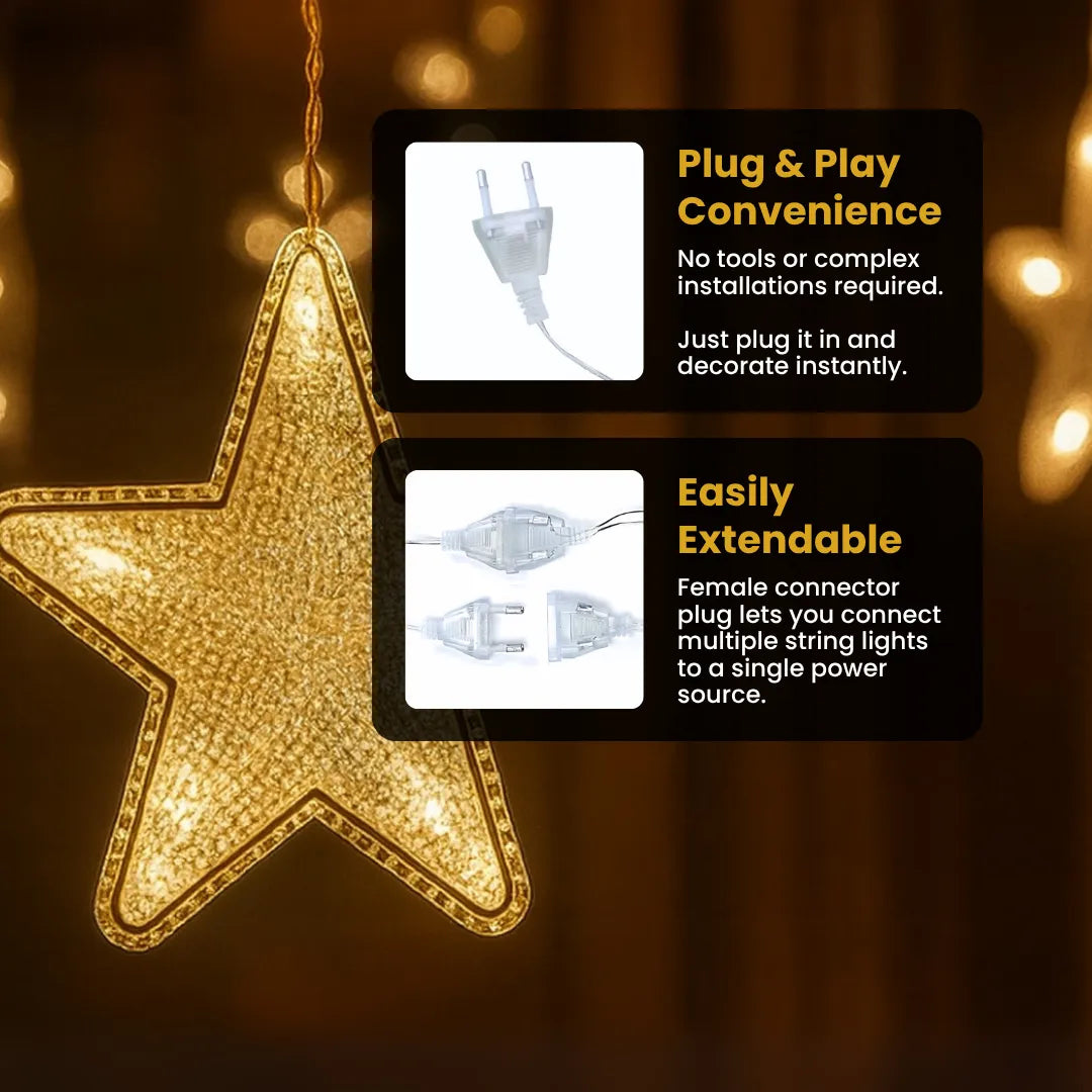 Star Curtain Fairy Lights – Warm White Decorative LED String Lights for Home, Diwali & Christmas Decor