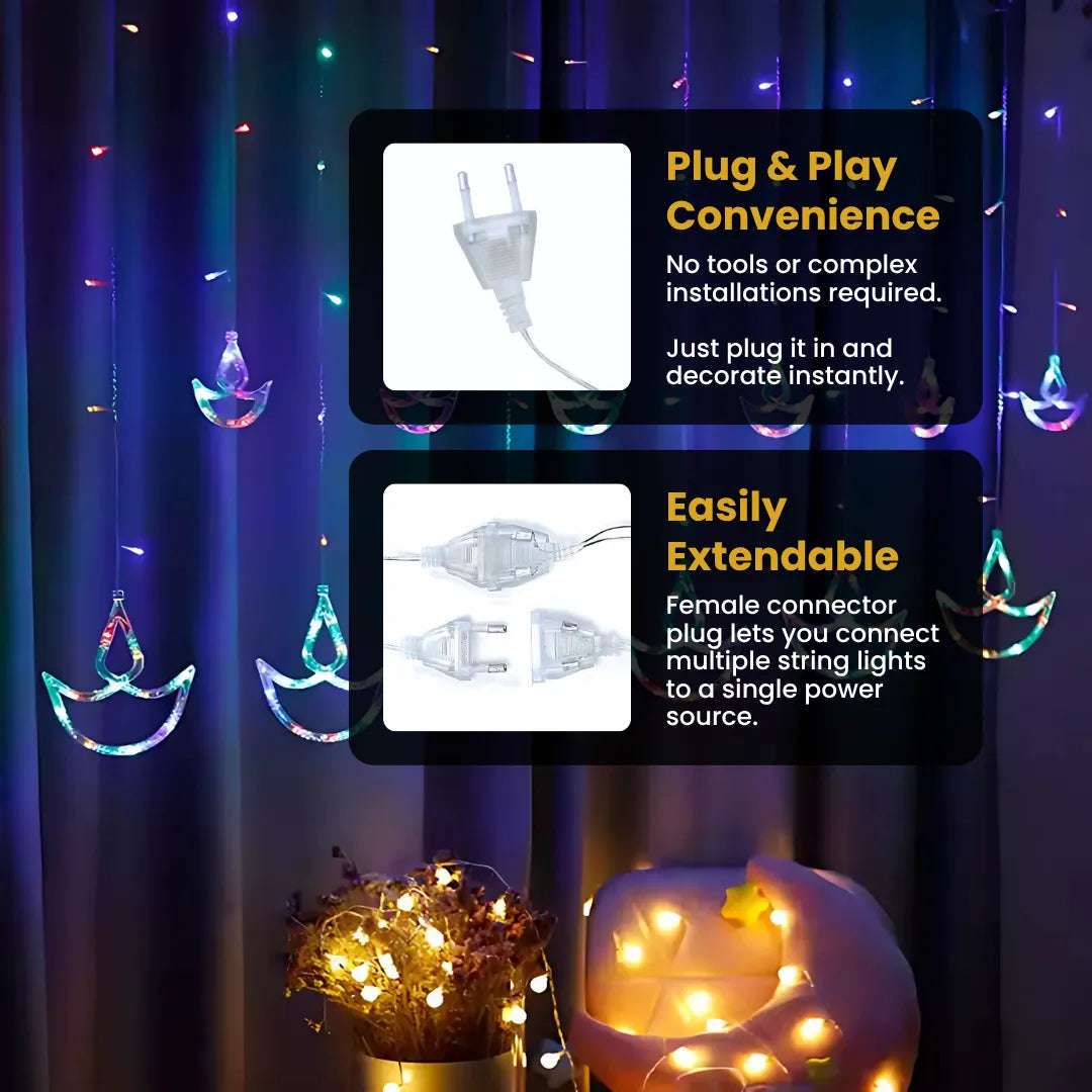 Diya Curtain LED Lights – Multicolor Hanging Decorative Lights for Diwali, Home & Festival Decor