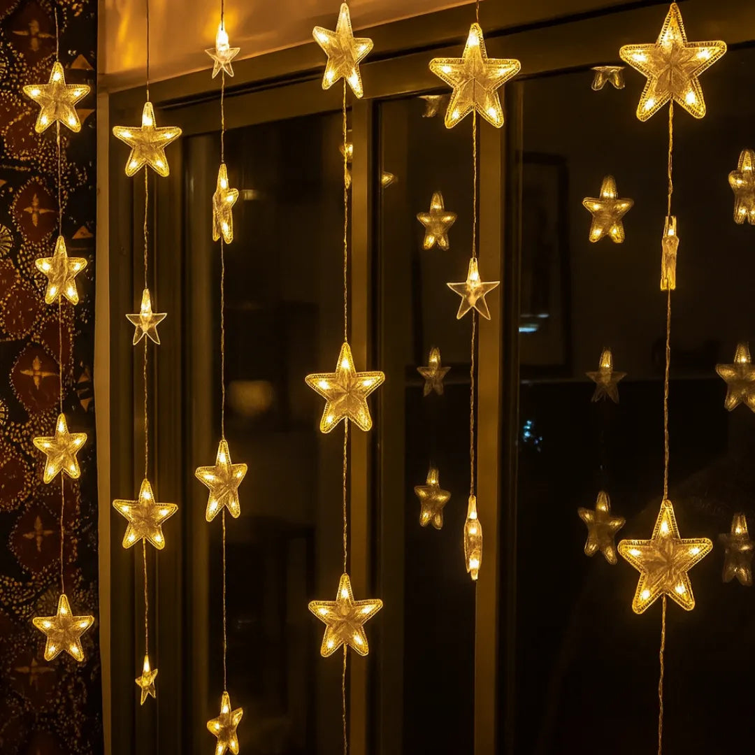 Star Curtain Fairy Lights – Warm White Decorative LED String Lights for Home, Diwali & Christmas Decor