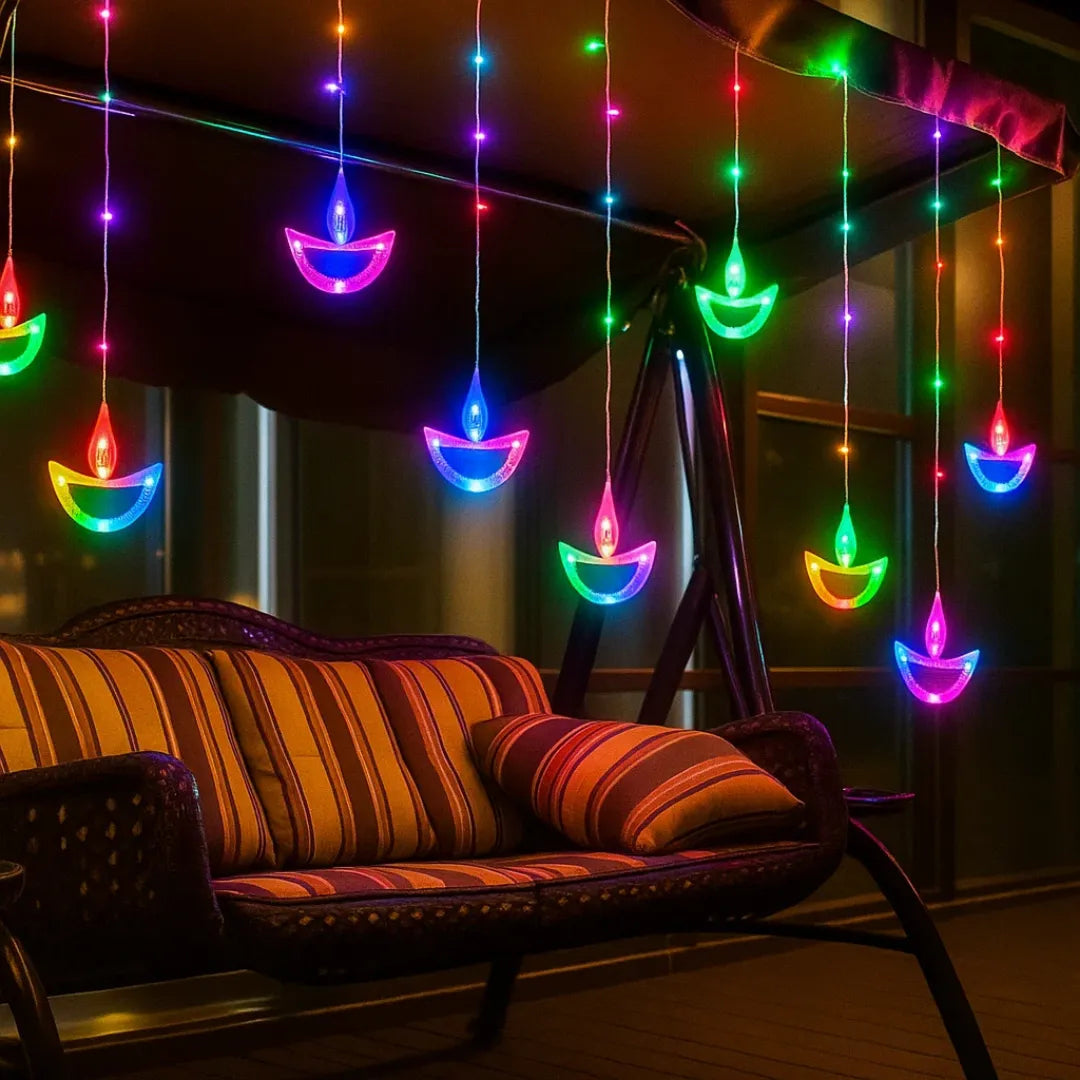 Diya Curtain LED Lights – Multicolor Hanging Decorative Lights for Diwali, Home & Festival Decor