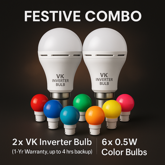 Power & Decor Combo – 2× VK Inverter Emergency Bulbs (1-Yr | Up to 4 hrs Backup) + 6× 0.5W Colour Bulbs (B22) – Total 8 pcs