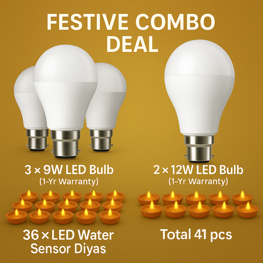 Festive Combo Deal – 3× 9W LED Bulb (1-Yr) + 2× 12W LED Bulb (1-Yr) + 36× Water-Sensor Diyas (Total 41 pcs)