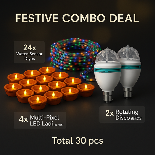 Festive Combo Deal – 24× LED Smokeless Water-Sensor Diyas + 4× Multi-Pixel LED Ladi (20 m each) + 2× Rotating Disco Bulbs