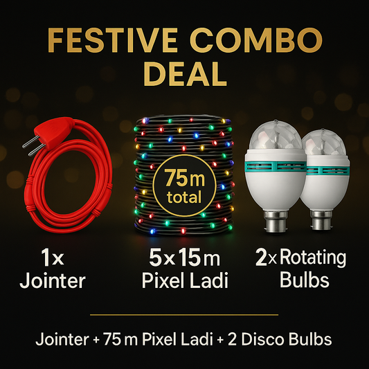 Pixel Fest Combo – 1× LED Jointer Cable + 5× 15 m Multi-Colour Pixel Ladi + 2× Rotating Disco Bulbs (75 m Total | 8 Units)