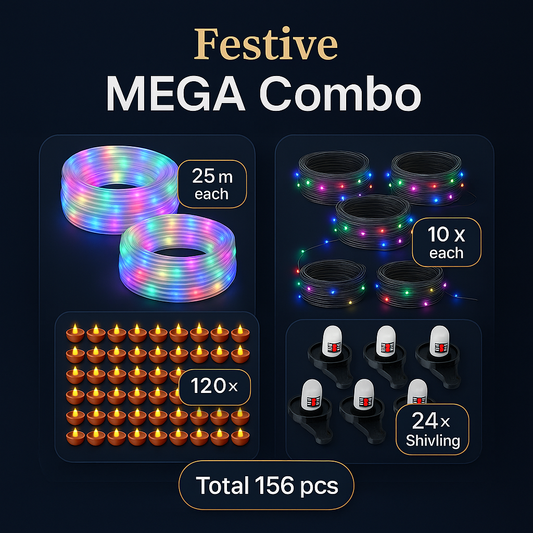 Festive MEGA Combo – 2× 15 m RGB Rope Lights + 10× 15 m RGB LED Ladi + 120× Water-Sensor Diyas + 24× Shivling Water Sensors (Total 156 pcs)