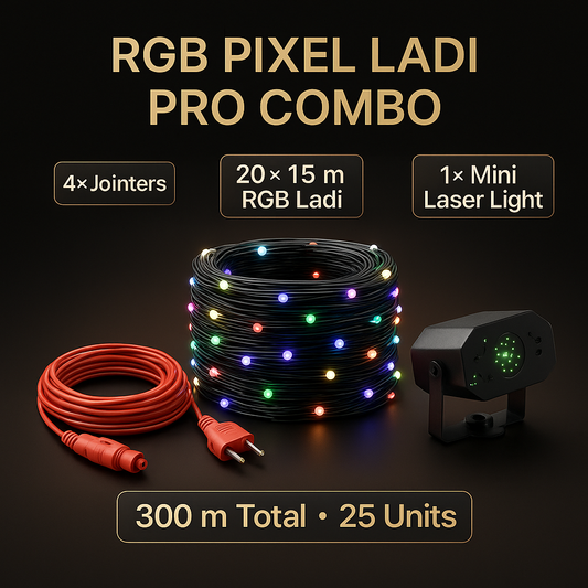RGB Pixel Ladi Pro Combo – 20× 15 m RGB Ladi + 4× LED Ladi Jointers + 1× Mini Laser Light (300 m Total | 25 Units)