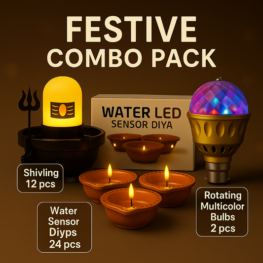 Festive LED Combo Pack – 12 Water Sensor Shivling Lamps + 24 Water Sensor Diya + 2 Rotating Multicolor Bulbs