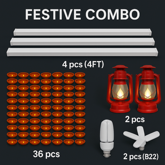 Festive Home Lighting Combo – 4× 20W 4FT Batten + 36× Water Sensor Diyas + 2× Solar Emergency Lantern + 2× 28W Mini Fan Bulb (B22)