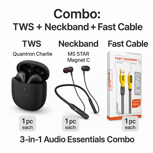 Audio Essentials Combo – Quantron Charlie TWS + MS STAR Magnet-C Neckband + Fast-Charging Cable (3-in-1)