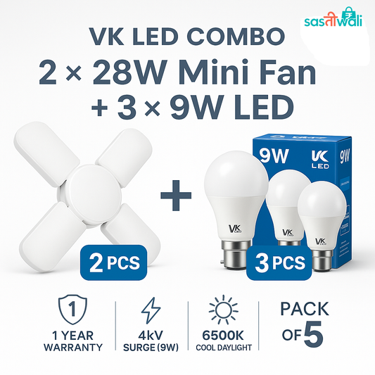 VK LED Combo – 3× 9W LED Bulb (1-Year Warranty) + 2× 28W Mini Fan Bulb (1-Month Warranty)