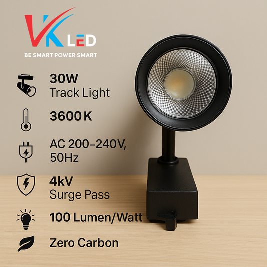 VK LED 30W Track Light – 3600K Warm White, 100 Lumen/Watt, Zero Carbon